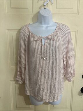 Adrienne Vittadini Blush Striped Tie-Front Peasant Blouse